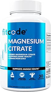 Fitcode Magnesium Citrate Capsules 400mg - 肌肉和骨质健康镁补充剂 纯镁 Citrate for Muscle Relaxation & Bone strongs - 60 Veggie Magnesium Capules for Heart Health
