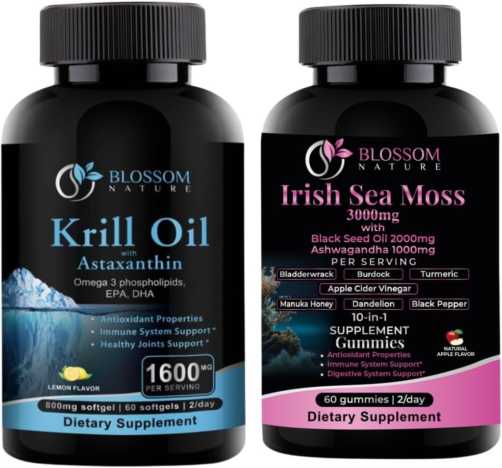 南极Krill油 1600mg与Astaxanthin 2mg和爱尔兰海Moss Gummys 3000mg与黑种子石油和Ashwagandha 2000mg