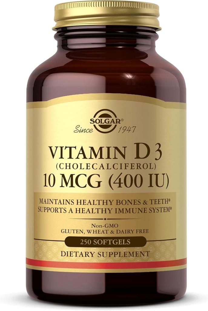 Solgar维生素D3(Cholecalciferol) 10 MCG(400 IU),250 软胶 - 帮助维护健康骨骼和牙齿 - 免疫系统支持 - 非GMO, Gluten Free, 乳房免费 - 250 服务