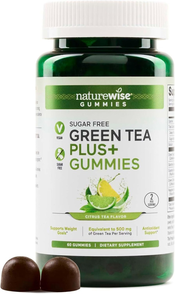 NatureWise Green Tea Gummys - Keto,无糖 - 支持女性和男性的健身目标 - 500mg Green Tea + Raspberry Ketones, Garcinia Cambogia - Vegan, No Gluten - 60 Counter [1-Month Supplement] (英语).