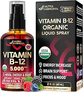 USDA 有机维生素B12 亚语喷洒 -- -- 5000 mcg 液态 Vegan Methycobalamin for Men and Men -- -- 能量靴、焦点和混合、脑健康支持 -- -- 最大限度地吸收 -- -- 2个月供应,2 fl oz