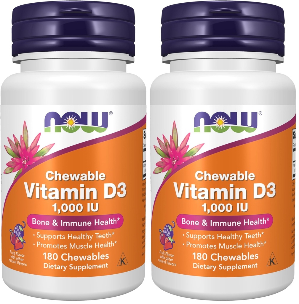 Now 补编,维生素D-3 1 000 IU,天然水果火焰,结构支持*,180 Chewables (Pack of 2)