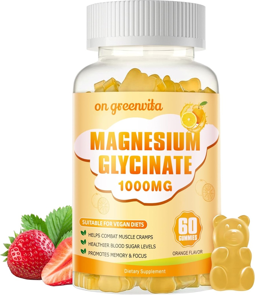 甘氨酸镁 1000mg - 无糖镁 钾补充剂 维生素D, B6, CoQ10 用于镇静Mood & Sleep Support - 60 Orange Gummies