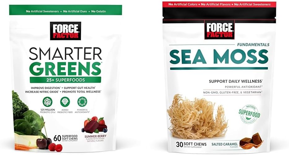 FORCE FACTOR Greens 配有 25+ Superfoods & Sea Moss Chews, 60 & 30 计数