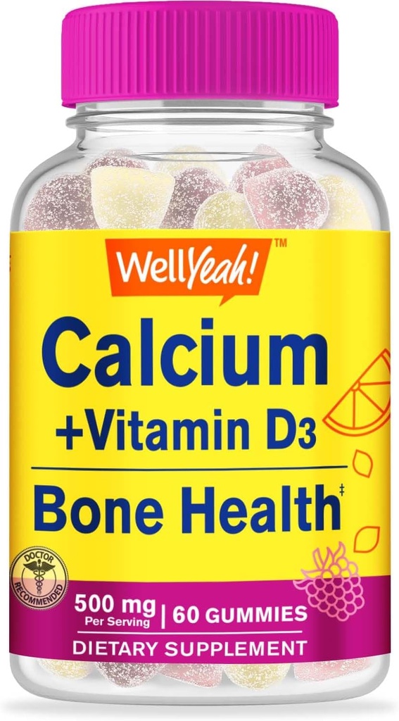 好耶 钙500mg + 维生素D3 1000 IU (25 mcg) 古米 - Bone Health and Muscle Suppr, Immune Support Gummy, 非 GMO, Gluten Free, Mix 水果火焰 - 60 Gummys