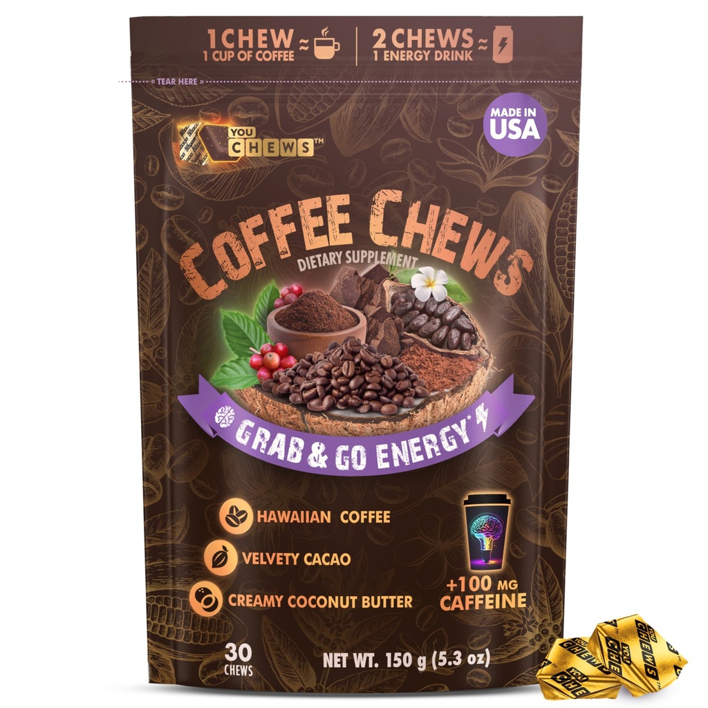 You Chews Coffee Chews - Grab & Go Energy 以每杯清真,绿色咖啡因100mg. 与真有机成份,低糖,大粗口味和耐久耐用能量靴(30 Chews Pack)