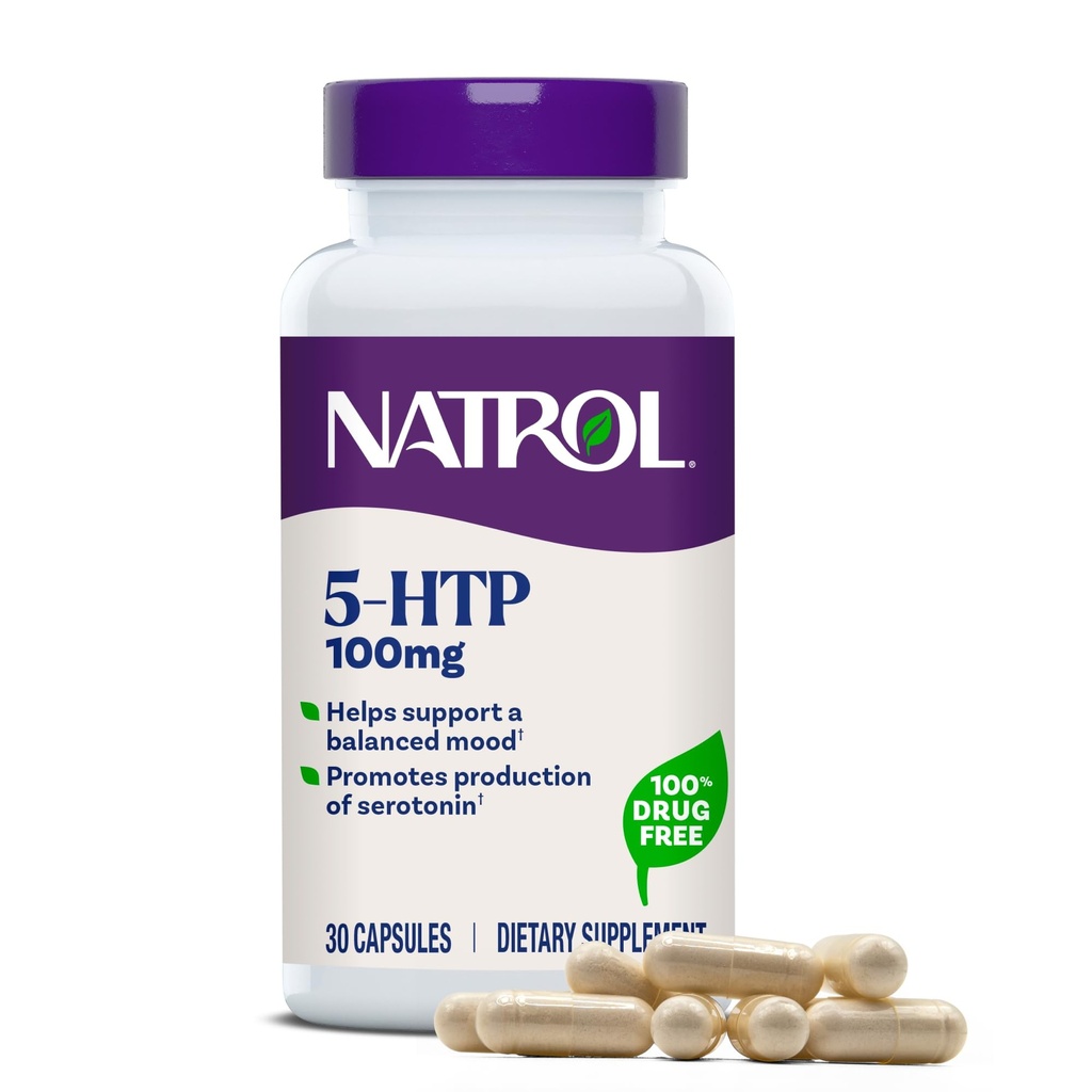 Natrol Mood + 压力 5-HTP 100 mg,平衡的Mood的饮食补充,成人的卡普尔,30个卡普尔,最多30天的供应量