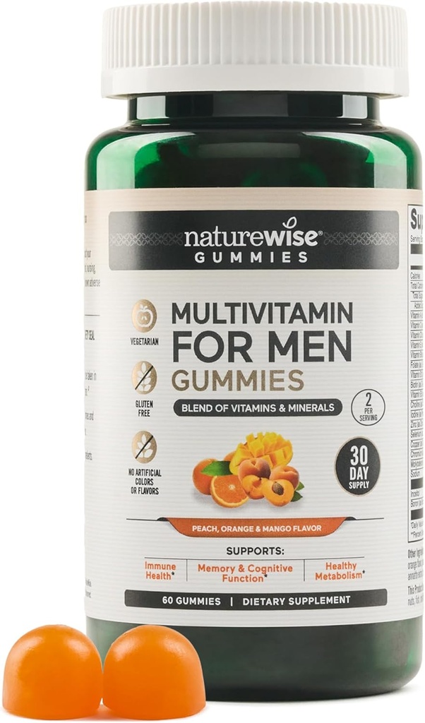NatureWise Multivitamin for Men, Gummys Peach Mango Flavor, 矿物与维生素A, C, D, E, B6 和 B12, 蔬菜, 无豆, 非GMO, 60 Counter [1-Month Supply]