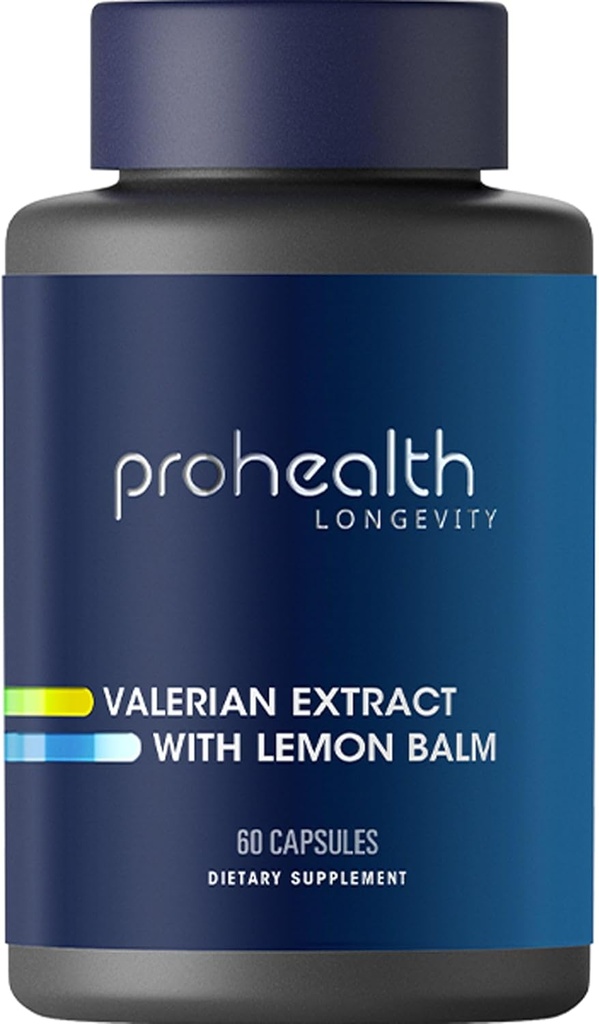 ProHealth Valerian 提取物 + 柠檬浆(60 Capsules) 160 mg Valerian + 80 mg 柠檬浆 → 放松与睡眠支持 → 无晨光 Groggness → Vegan → Gluten Free → Soy Free
