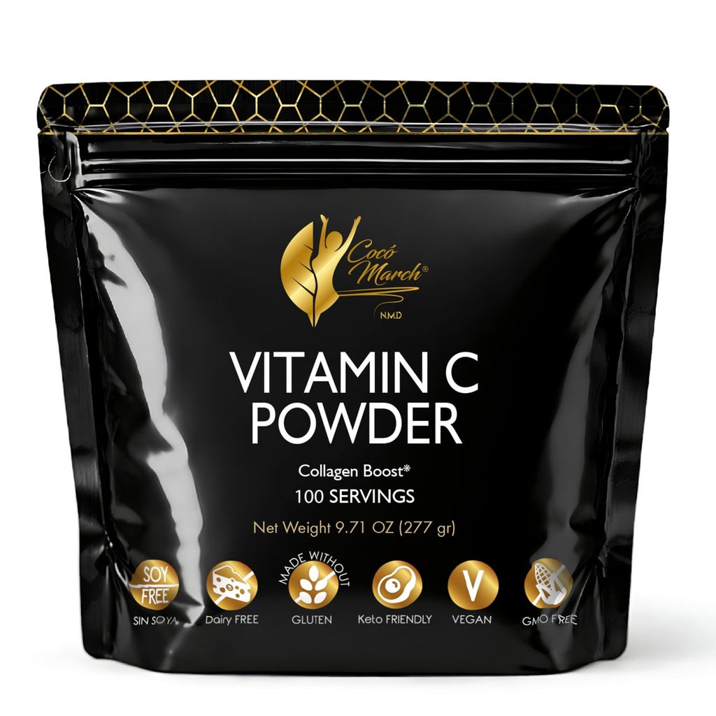 Cocó March N.M.D 1000 mg 维生素C 粉 - 用于Collagen生产与免疫支持,锌,Bromelain, Quercetin, L-Lysine - 免去:Gluten乳品,Soy, GMOs, Vegan 和 Keto 友好10 Oz.