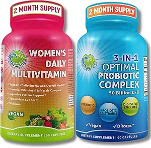 女性多维他明与Probiotic支持 Bundle – 3-in-1 配有消化酶与Prebiotic & Women Daily 多维他明配铁 - Vegan,非GMO,清洁日常健康支持