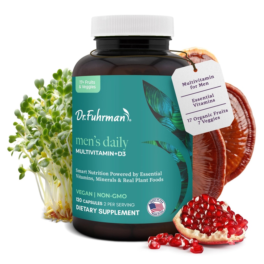 Fuhrman博士 男性多维特敏 + D3 支持免疫的维生素 + Vegan Formula 男性多维特敏 配有 B12 和 Zinc → 全食品 多维特敏 包装有 17 个水果和蔬菜 + N GMO + 120 Capsule
