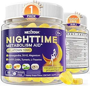 1Pack Melatonin 10mg Gummys, 夜时间代谢Gummys for addors, Crush Experient Hoarding While You rest, 推广健康Zzzs, 配有镁, Ashwagandha, 5-HTP, GABA, 100%无毒品,Sugar Free