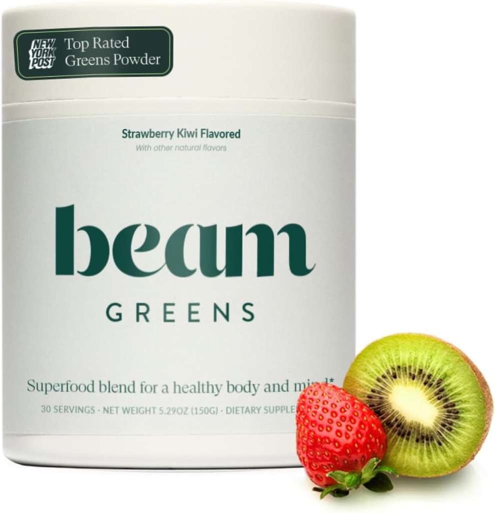 Beam Greens Powder, Gut Health的超级食品补充品,Vegan Organblend with Ashwagandha,维生素C,B12,B6,D,Non-GMO Detox & Immune支持,草莓 Kiwi Flavor - 30 services
