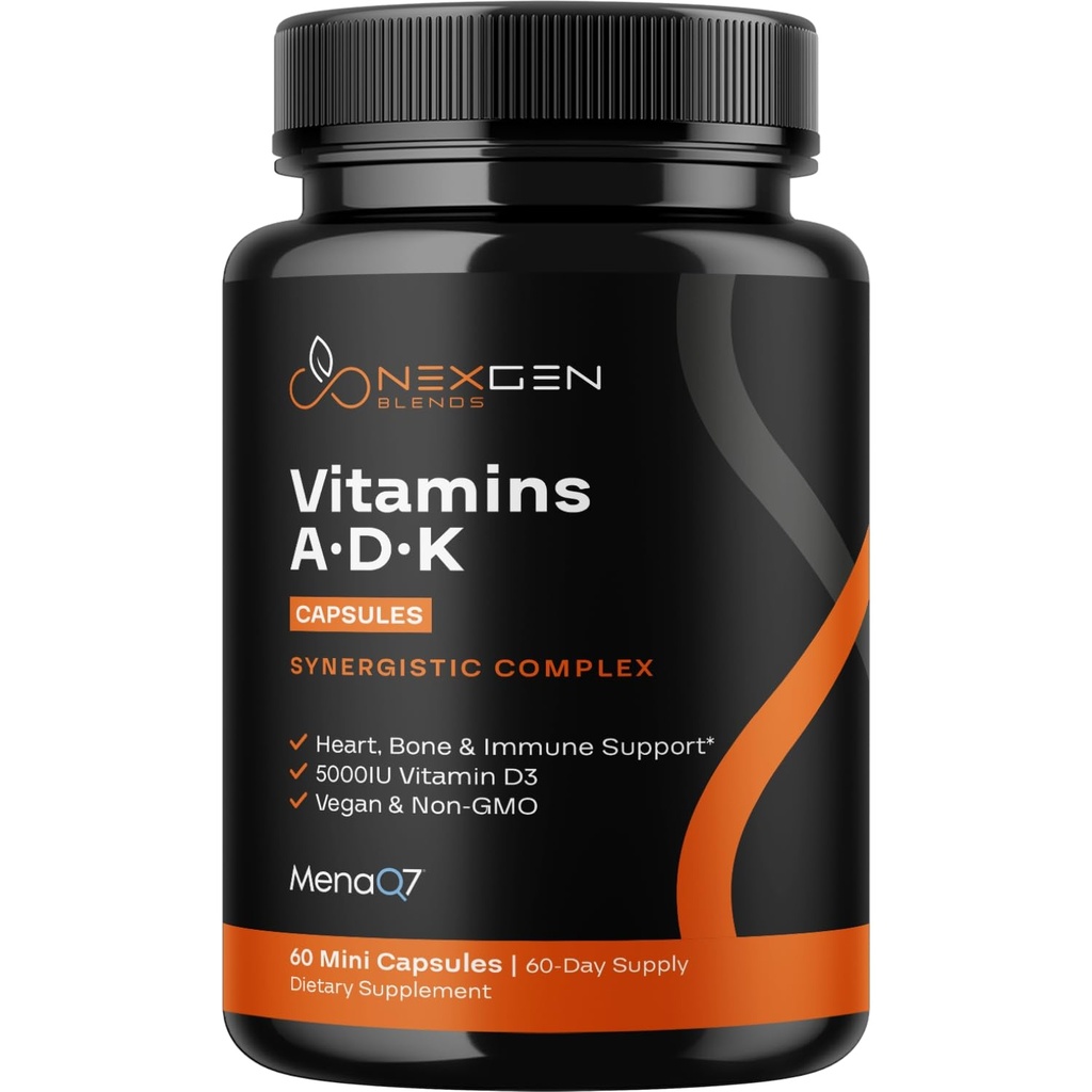 高吸附ADK 维生素补充剂 - Vegan Vitamin D3 K2 MK7 & A for Calcium Regulatoration Plus Bone Heart Throid & Immune Support - Vitamin ADK 配有 5000IU D3 非 GMO & Gluten Free(2个月)