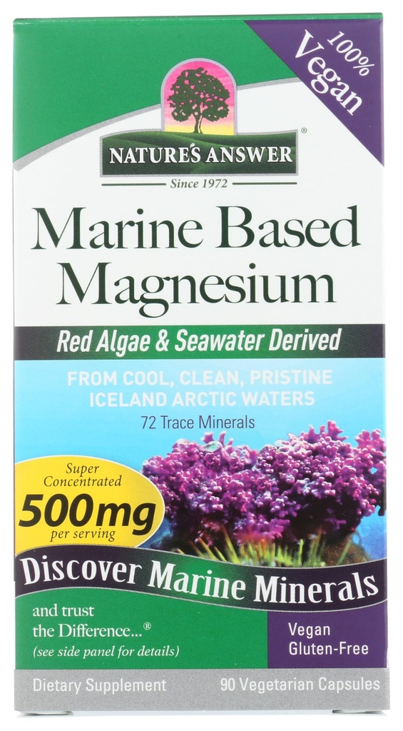 自然之答 海洋基镁 超集中500mg | 植物基 红藻和海水 衍生 | 无酒精和葡萄糖 | 蔬菜 Capsules 90ct