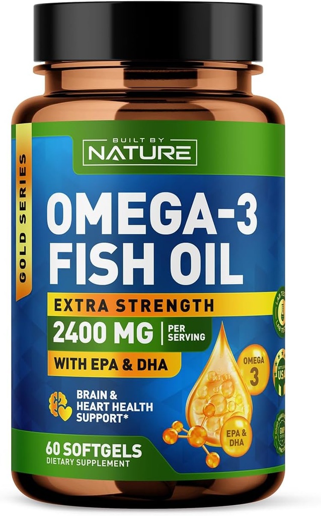 由自然Omega 3 鱼油软胶 - 2400 mg 鱼油 1440 mg Omega 3,864 mg EPA,576 mg DHA - 外强脑和心脏健康支持补充 - 60 Softgels