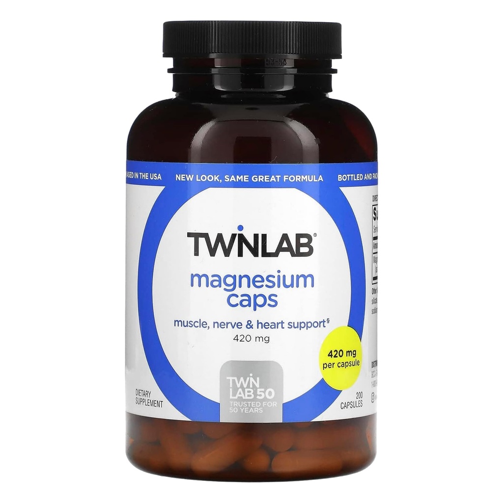 Twinlab Magnesium Caps - 高吸附性镁补充剂,用于支持腿板救济 - Mgnesium Capules for Relief, 420 mg, 200 counts, 1 pack.