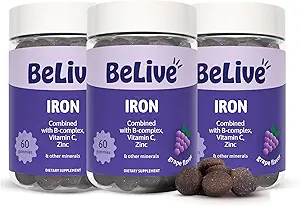 BeLive Iron Gummys - 配有维生素C, A, B & Zinc的多维他命铁辅料, 支持血氧, Vegan 补充女性,男子和孩子促进增长和发展 - Grape Flavor QQ 3-Pack