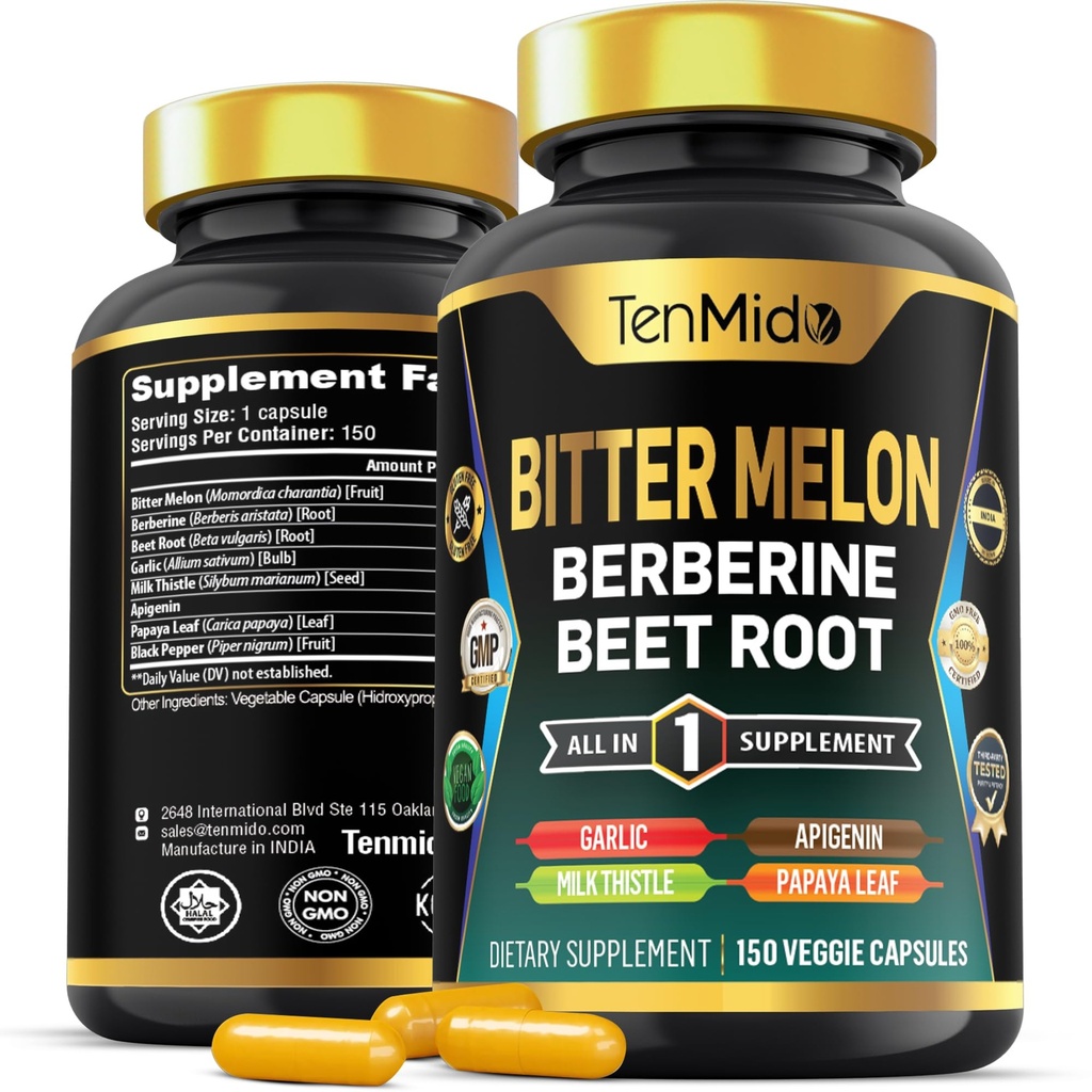 Bitter Melon Capsules - 8in1 配方 - 与柏柏林,贝特根,大蒜,牛奶甲壳,阿皮吉宁,帕帕亚叶,和黑辣椒 150 Vegan Capsules 结合5个月供应