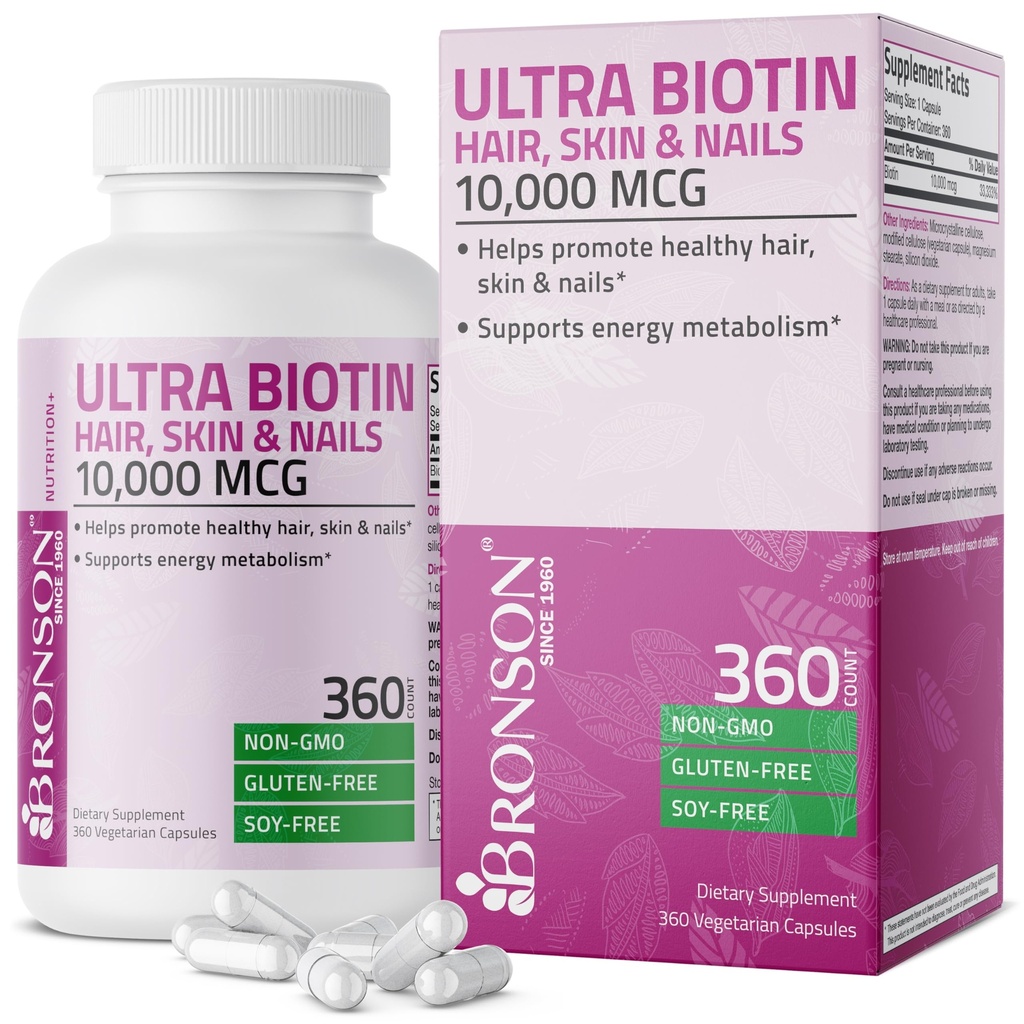 Bronson Ultra Biotin 10,000 Mcg Hair Skin and Nails 补编,非GMO,360 蔬菜卡普尔