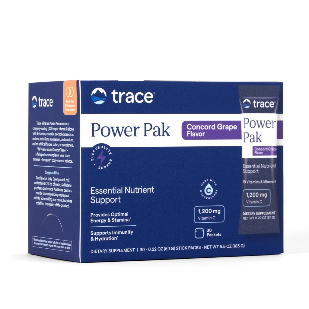 追踪矿物 Power Pak 多维特敏和多矿类包 - 电解质支持 - 1200 mg 维生素 C + 70 Concord Grape Flavor - 30 Packets