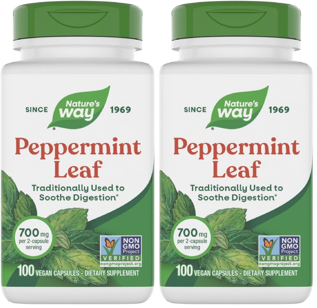 自然之路 Premium Herbal Peppermint Leaf, 传统消化酥和不适支助*, 每人700mg, 100 Capsules (Pack of 2)