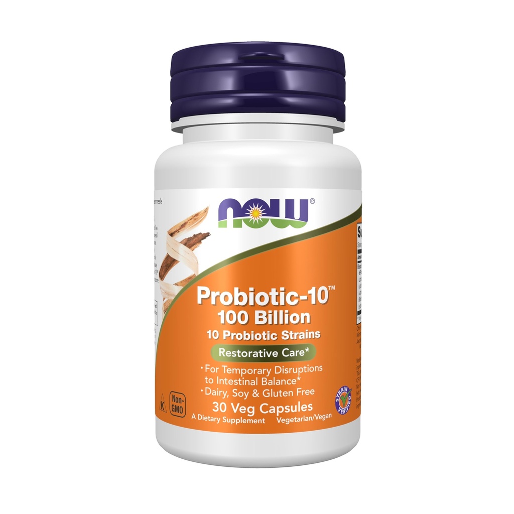 Now Foods Supplements, Probiotic-10TM, 100亿, 配有 10 Probiotic Strains, Dairy, Soy and Gluten Free, Strain 校对, 30 Veg Capsules