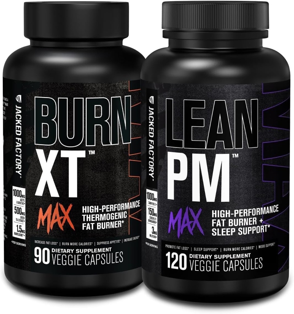 Jacked Factory Burn-XT Max - 热致性脂肪燃烧剂和Appetite 抑制剂(90 Capsules) & Lean PM Max 高性能重量损失,脂肪燃烧剂, & Appetite 抑制剂(120 Capsules)