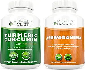 有机Turmeric Curcumin 700mg & Bioperine + 有机 Ashwagandha 1300mg & Black Pepper - Vegan Bundle - 120 + 180 Capsules - 在美国制造