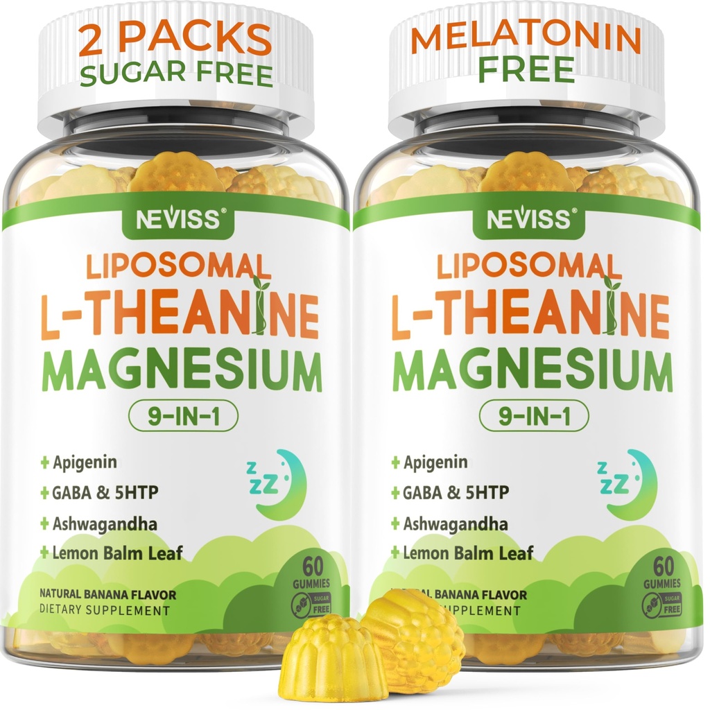Liposomal L- Theanine 200mg 甘化镁 400mg Gummys with GABA, 5HTP, Apigenin, Vitamin B6 & D3, Ashwagandha, Lemon Balm Leaf, Melatonin 自由睡眠为放松Mood & Muscle, 2包