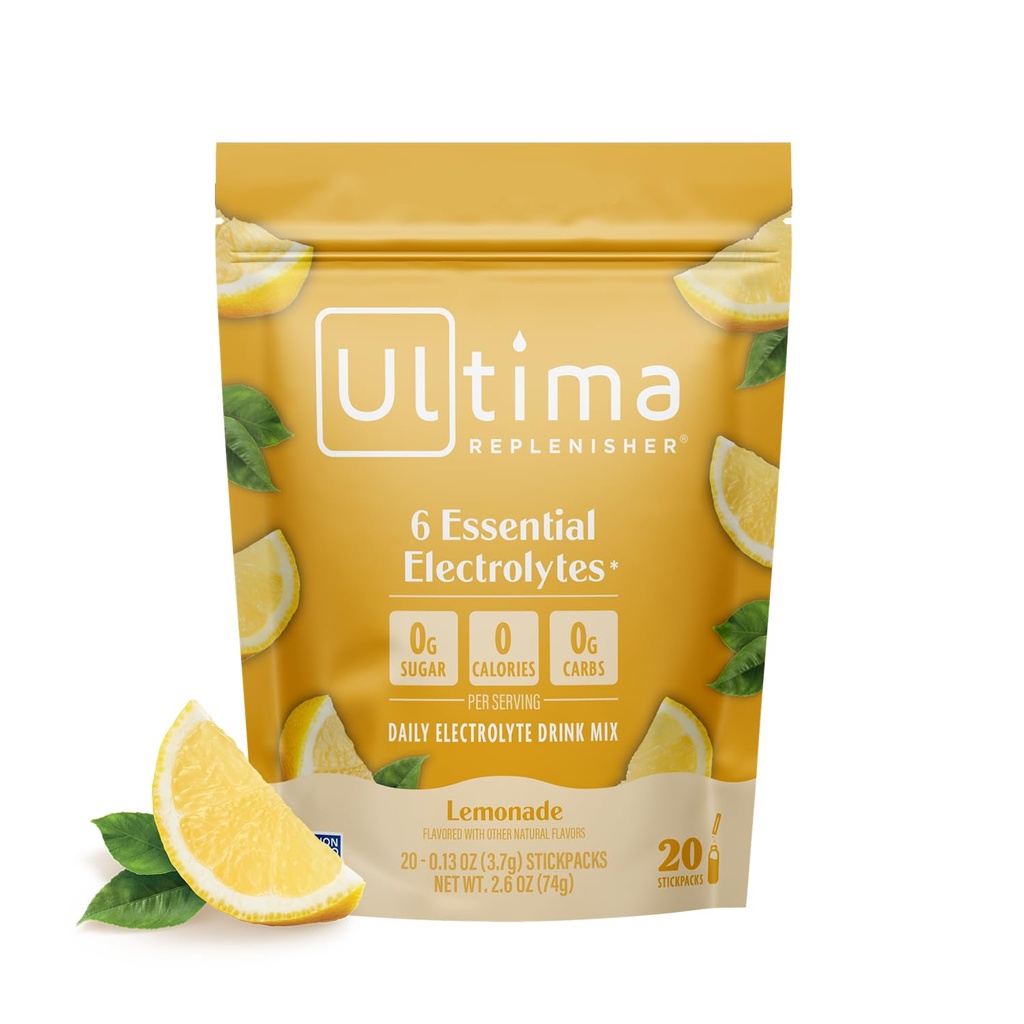 Ultima Replenisher Daily Electrolyte Powder Drink Mix – 无糖饮料 – Lemonade, 20个粘贴包装 – 带有6个关键电解质和跟踪矿物的水解包 – Keto Friendly, Vegan, Non-GMO