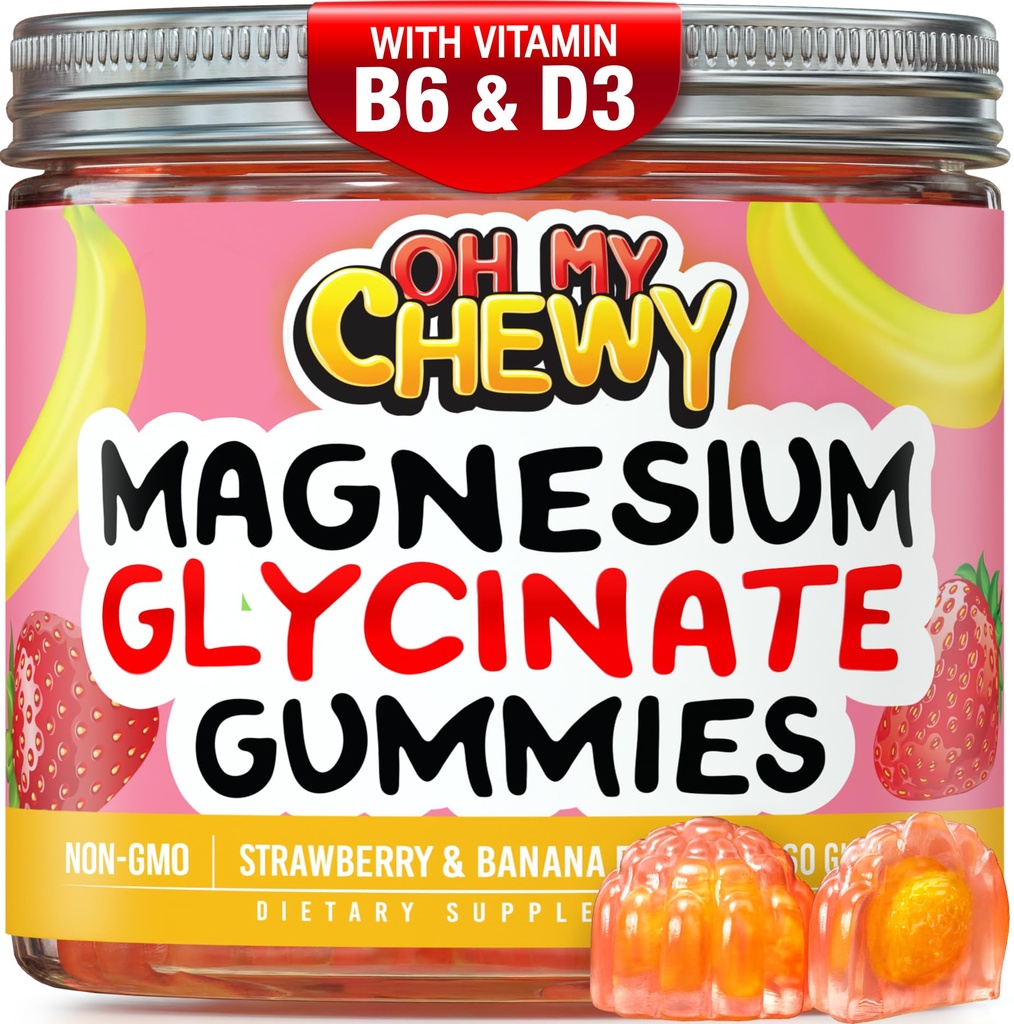 Center-Filled Magnesium Glycnate Gummys 400MG - 儿童、青少年和成年人的高吸收率 - 睡眠、冷静和肌肉放松补充B6 & D3 - Gluten Free & Vegan Friendly - 60 Counter