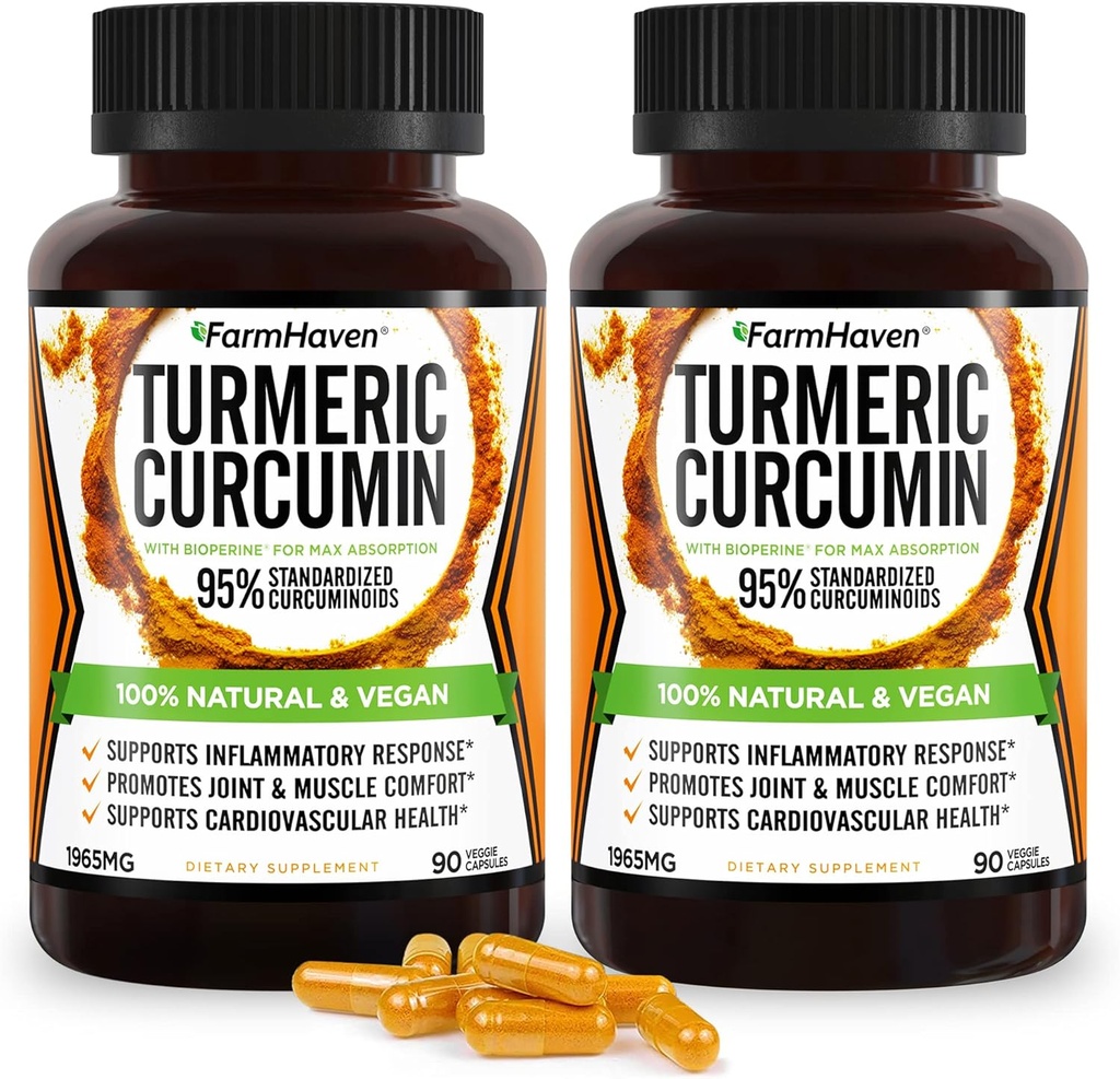 Turmeric Curcumin with BioPerine Black Pepper & 95% Curcuminoids, Curcuminoids, 最大吸收量用于联合支持, 非GMO Turmeric Capsules, 在美国制造 - 180 Veg Caps