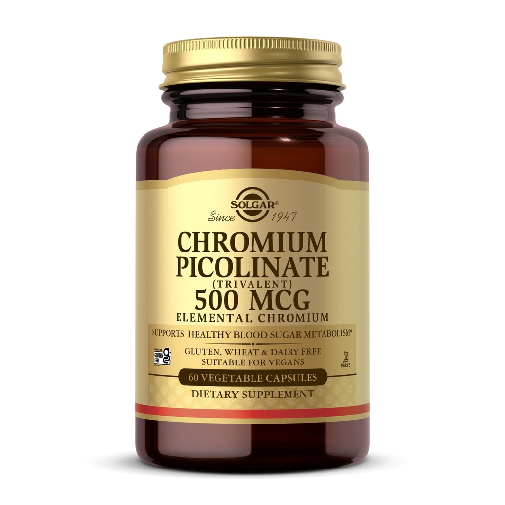 Solgar Chromium Piclinate 500 mcg - 60 蔬菜瓶装 - 支持糖,脂肪和蛋白质代谢 - 非GMO, Gluten Free, Kosher - 30 services