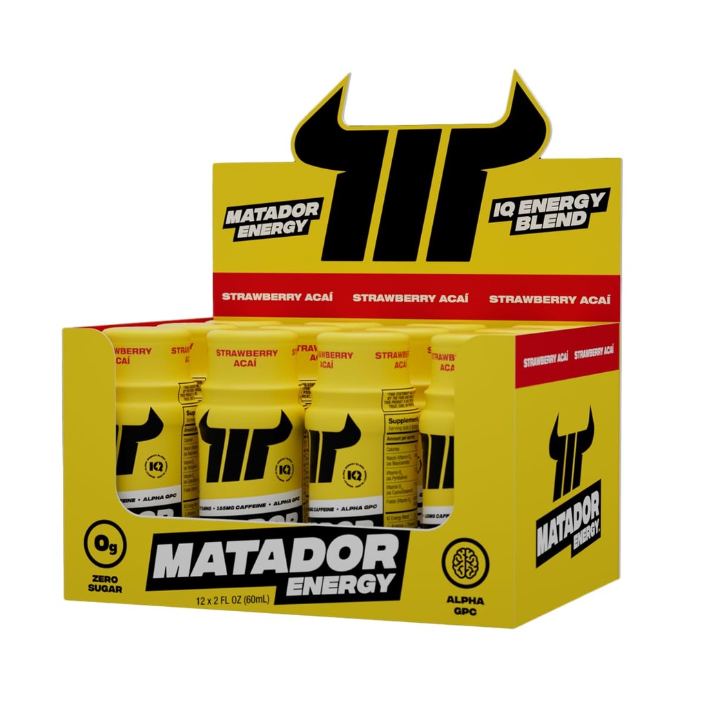 MATADOR 超强小型能源饮料 W/B 复合维生素饮料(维生素 B12-B9-B6-B3),Alpha GPC Nootropic IQ Energy,咖啡豆提取咖啡因镜头,24 能量饮料草莓 Acai