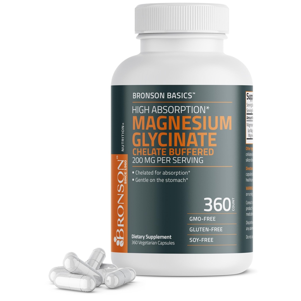 Bronson Glycinate 镁 200mg 高吸收性化学缓冲 胃非GMO上,360 植物卡普尔