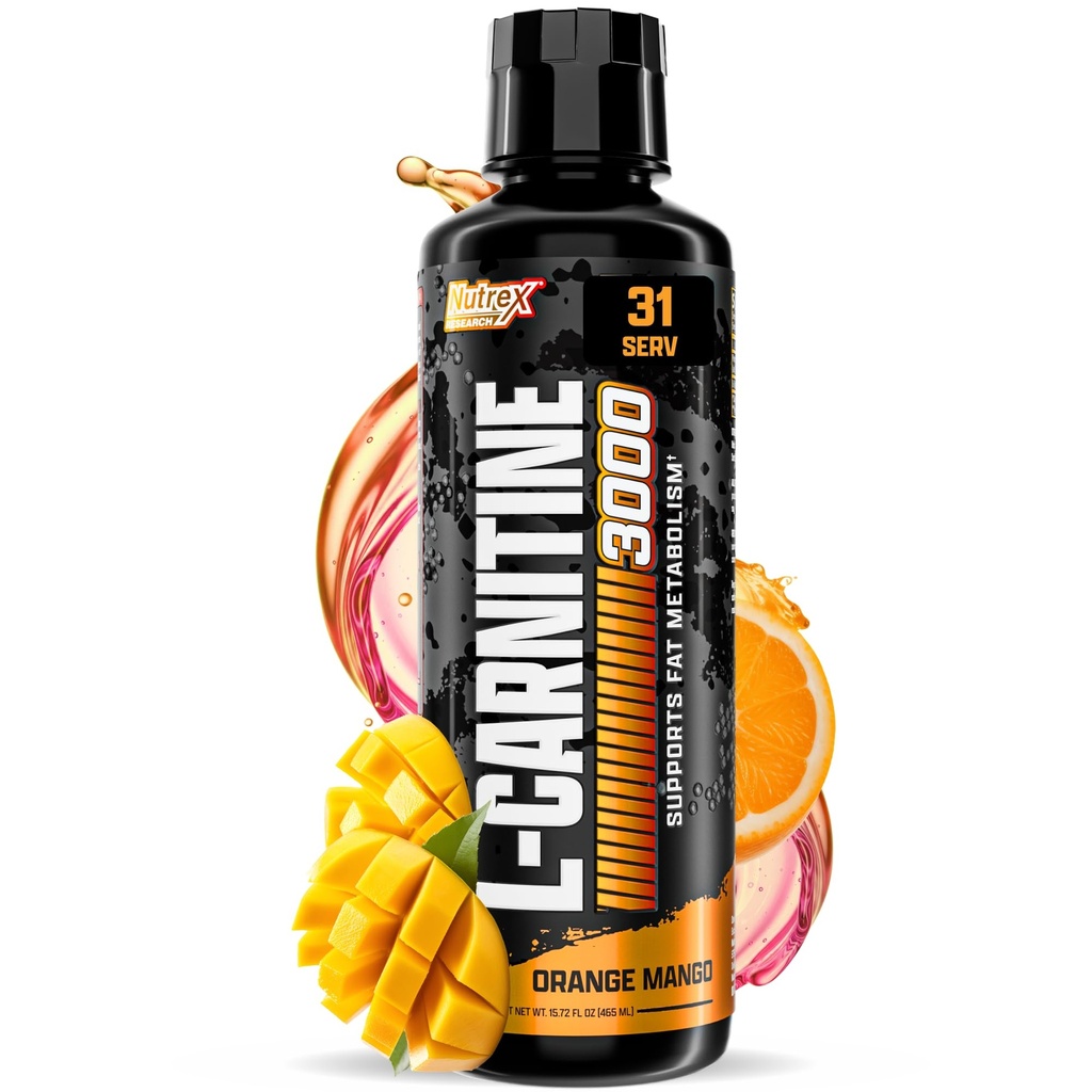 Nutrex 研究液体卡尼汀 3000 橙色芒果 免费兴奋剂 31 服务16 Fl Oz