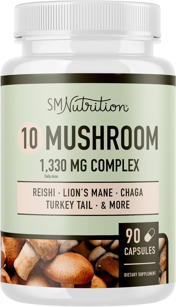 10 蘑菇复合剂补充剂 + + 1300+ MG 与狮子 Mane,土耳其 Tail, Cordyceps, Reishi, Shiitake, Maitake, Chaga & White Button Mushroom → Imune & Adaptogen 支持 → 90 C