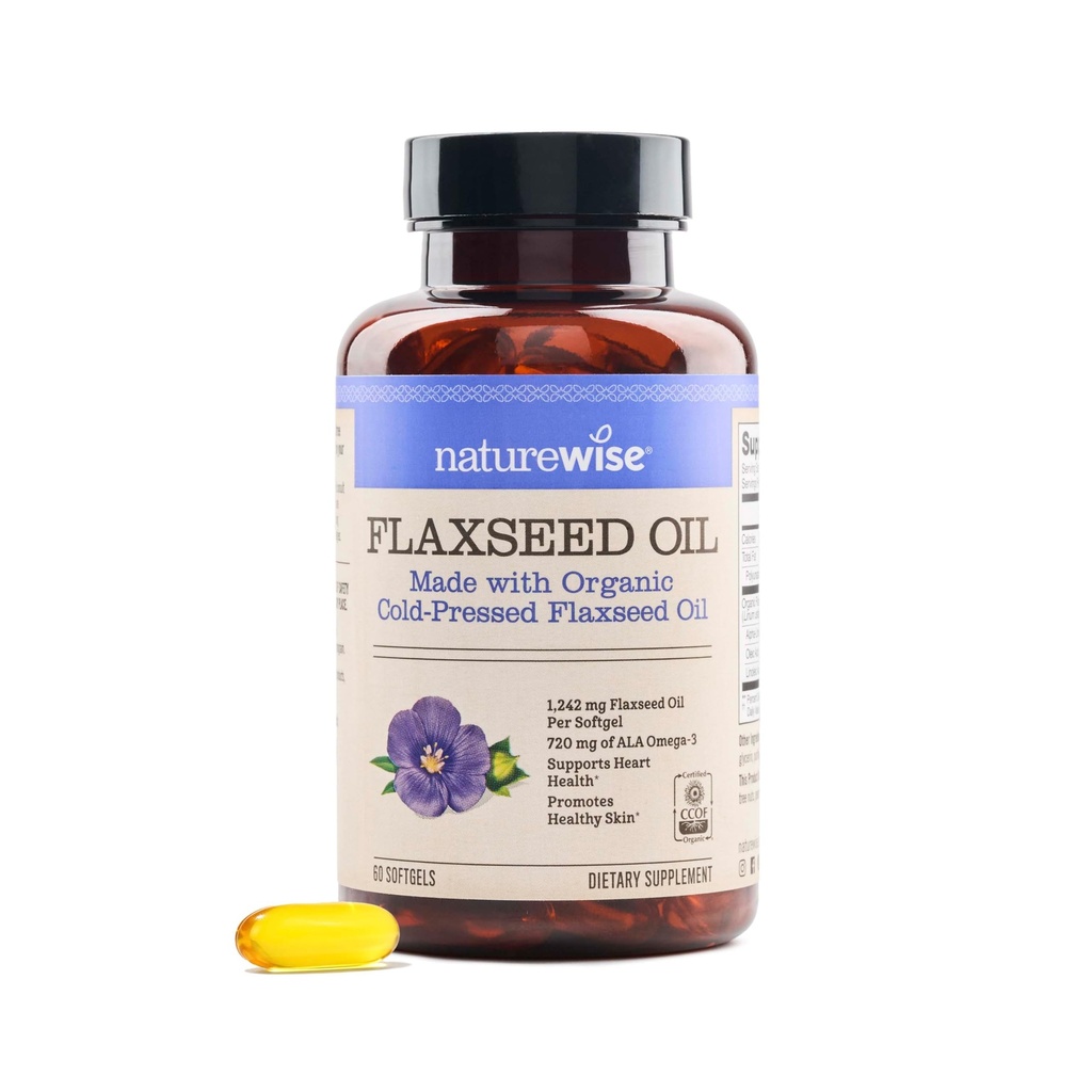 NatureWise Flaxseed Oil 1200 mg, Fish Free Omega 3 6 9 with 720mg ALA, 心脏健康支持的饮食补充 - 有机,冷压,非GMO - 60 Softgels [2-Month Supply].