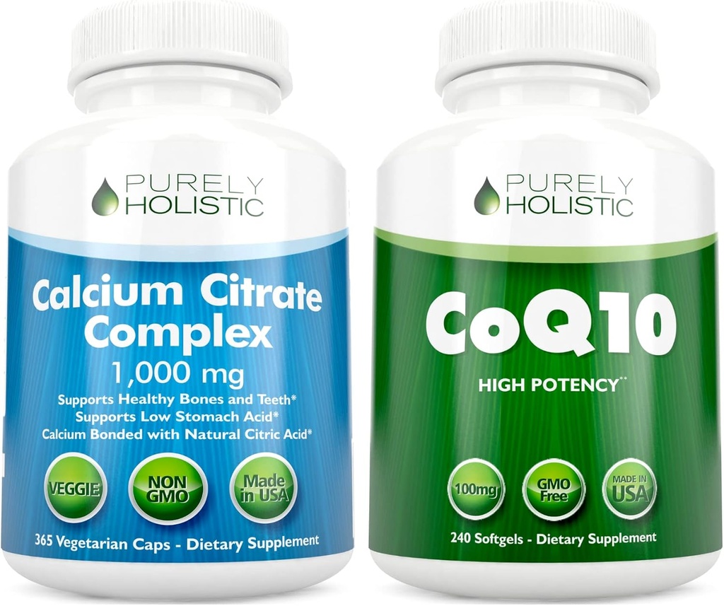 碳酸钙综合体1000mg + CoQ10 100mg - 365 Vegan Capsules + 240 Softgel Bundle - 没有维生素D - 在美国制造