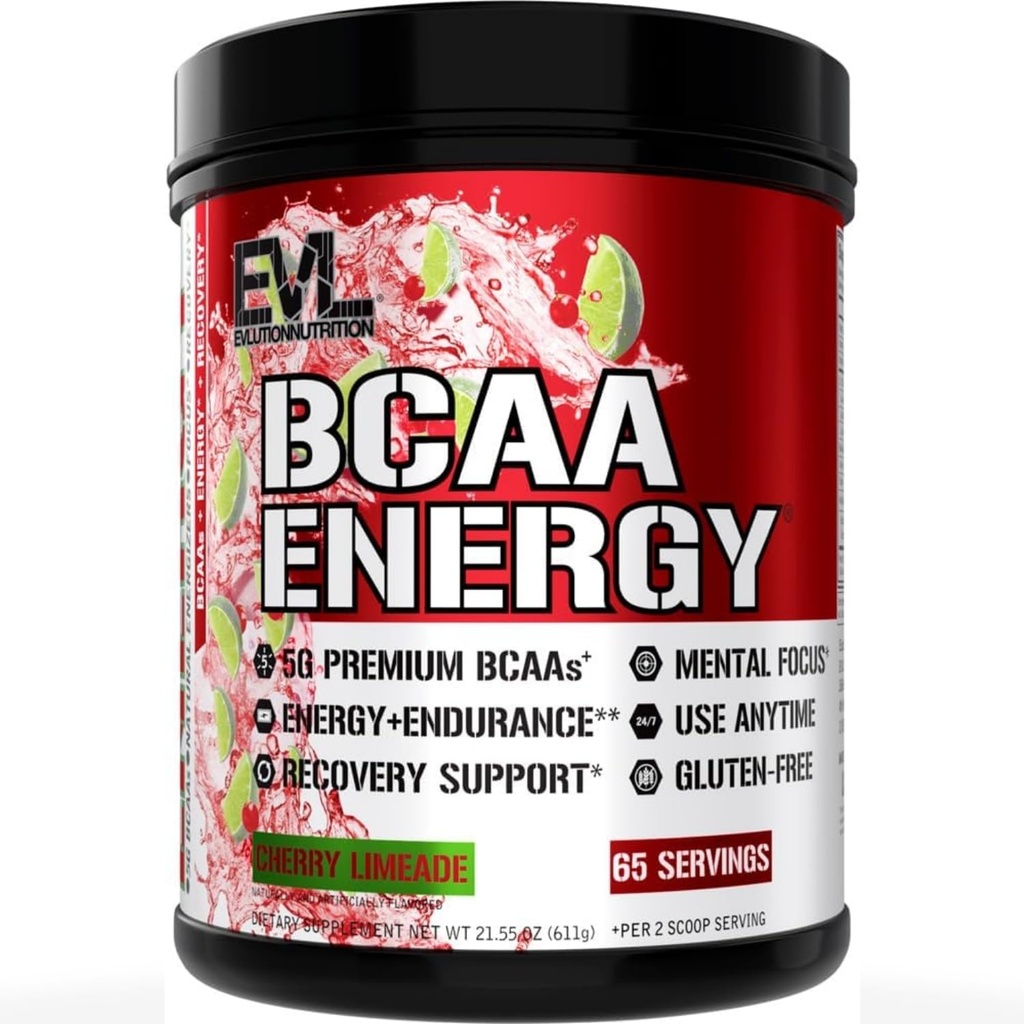 EVL BCAAs Amino Acids Powder - BCAA Energy Pre Workout Powder for Muscle Recovery Lean Growth and Endurance - Rehydrating Post Workout Recovery Drink with Natural Caffeine - Cherry Limeade