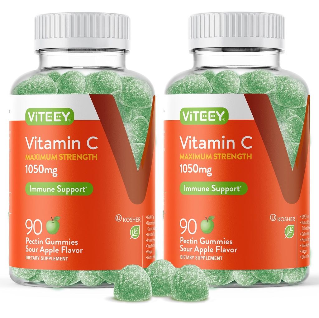 Viteey Chewable Vitamin C Gummys for Adults - 1050mg 最大强度免疫支持补充 - Vegan, Gluten Free - 180 Count