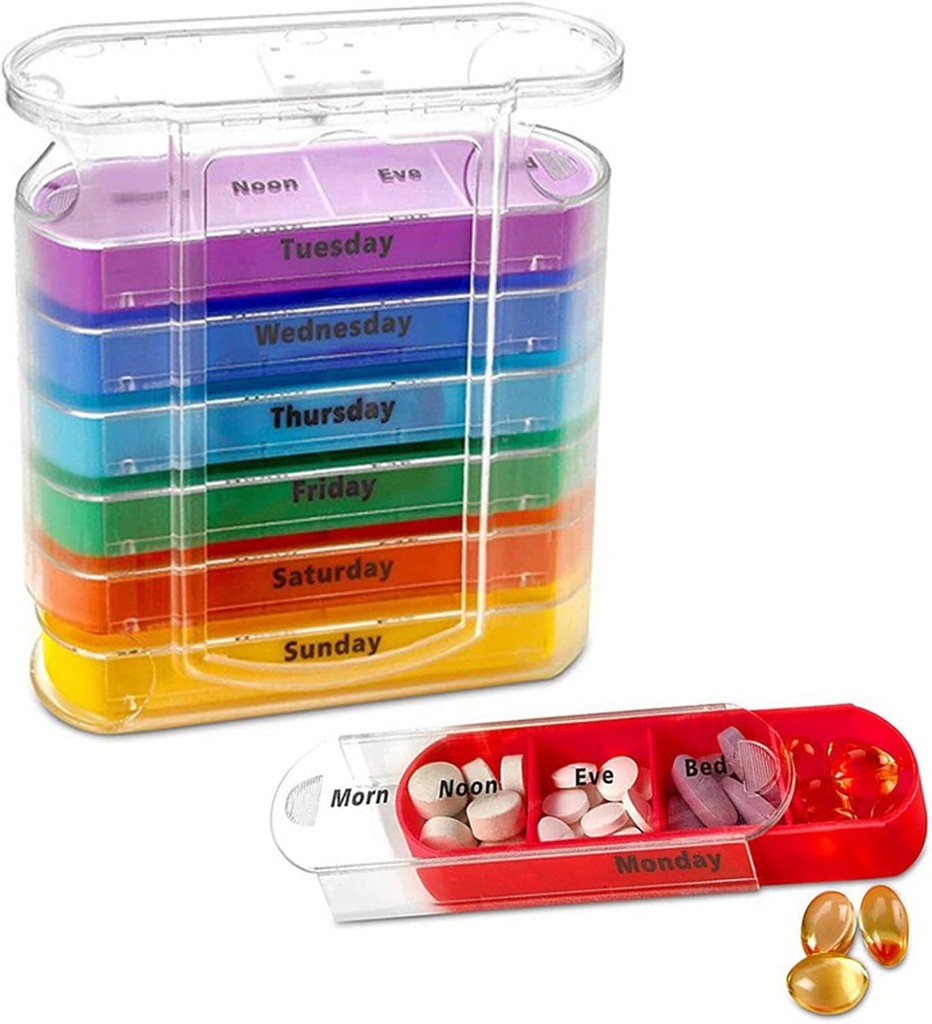 ABSOK 每周可堆叠药丸组织者,4 Times A Day Pill Organization Box Morning, Noon, Evening, and Bedtime,7 可堆叠比较