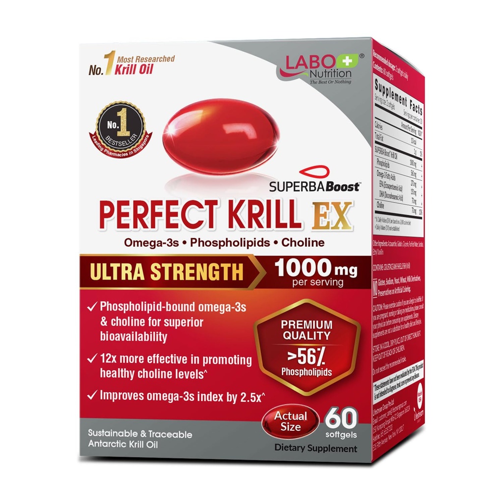 LABO 营养 完美 Krill EX, 1000mg 南极 Krill 石油 Omega 3 EPA DHA, 最高磷脂(超过56%) 与Choline, Astaxanthin QQ 心脏脑眼联合健康, 在美国制造, 60 软胶