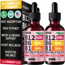 (2包)维生素B12和B6液滴,B12 亚语维生素B复合体-B12 维生素5000mcg-B12 甲基Cobalamin for Energy, Brain, and Heart Supports, 27,200mcg, 草莓, 80 services