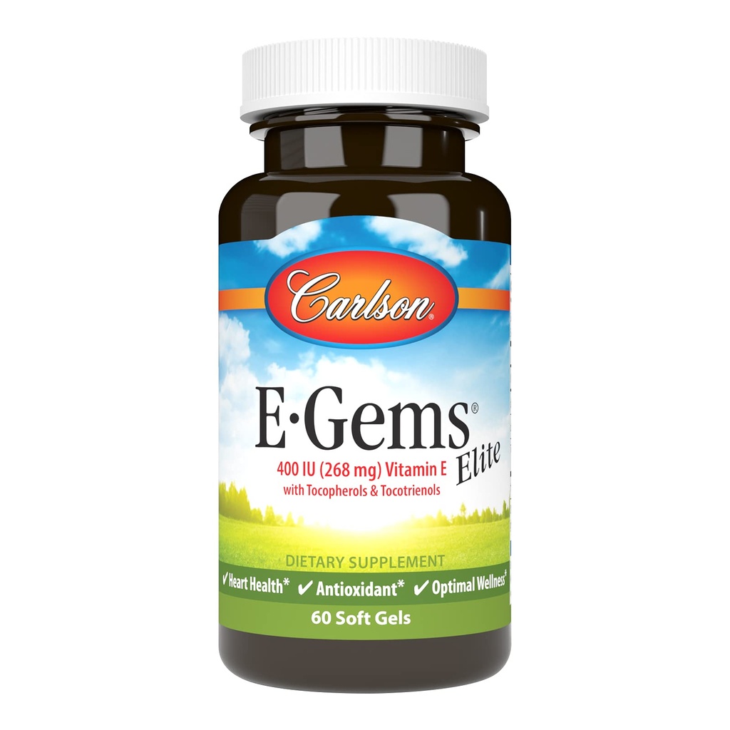 Carlson - E-Gems Elite, 400 IU 维生素E 配有 Tocopherols & Tocotrienols, 心脏健康与最佳健康, 抗氧化剂, 60 软胶