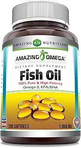 惊人的Omega鱼油1000毫克软胶 补充 QQ Omega-3,180毫克 EPA. 120毫克 DHA QQ 高概率(400 Count QQ 2 Pack)