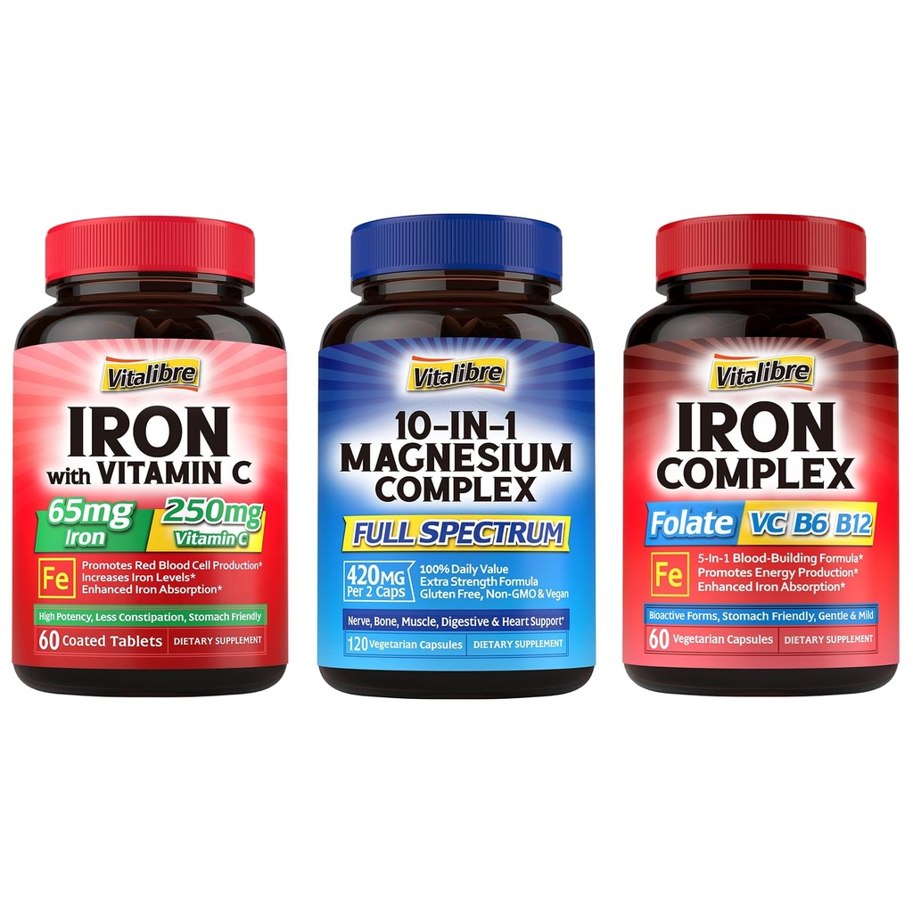 10 in 1 Magnesium Complex & Iron Supplement, 65mg 碳酰铁, 250mg 维生素C & 5 in 1 Iron Complex
