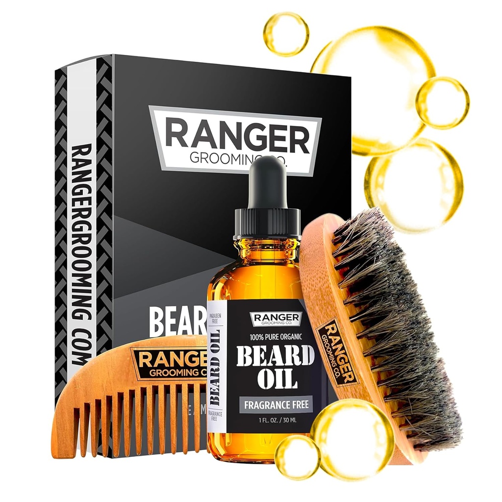 Beard Kit by Ranger Grooming Company by Leven Rose, 100% Organic Natural Fragrance Free Unscented Beard Oil, Boar Bristle Beard Brush, Natural Wood Comb Beard Care Starter Set for Men